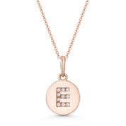 Initial Letter "E" Cubic Zirconia Crystal Round Disc Pendant in Solid 14k Rose Gold - BD-IP1-E-DiaCZ-14R