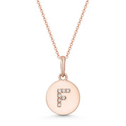 Initial Letter "F" Cubic Zirconia Crystal Round Disc Pendant in Solid 14k Rose Gold - BD-IP1-F-DiaCZ-14R