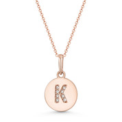 Initial Letter "K" Cubic Zirconia Crystal Round Disc Pendant in Solid 14k Rose Gold - BD-IP1-K-DiaCZ-14R