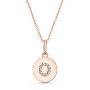 Initial Letter "O" Cubic Zirconia Crystal Round Disc Pendant in Solid 14k Rose Gold - BD-IP1-O-DiaCZ-14R