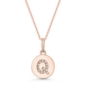 Initial Letter "Q" Cubic Zirconia Crystal Round Disc Pendant in Solid 14k Rose Gold - BD-IP1-Q-DiaCZ-14R