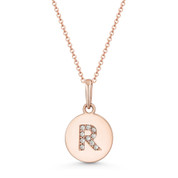 Initial Letter "R" Cubic Zirconia Crystal Round Disc Pendant in Solid 14k Rose Gold - BD-IP1-R-DiaCZ-14R