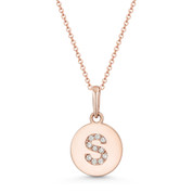 Initial Letter "S" Cubic Zirconia Crystal Round Disc Pendant in Solid 14k Rose Gold - BD-IP1-S-DiaCZ-14R