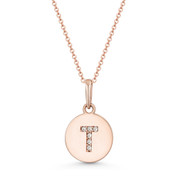 Initial Letter "T" Cubic Zirconia Crystal Round Disc Pendant in Solid 14k Rose Gold - BD-IP1-T-DiaCZ-14R