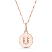 Initial Letter "U" Cubic Zirconia Crystal Round Disc Pendant in Solid 14k Rose Gold - BD-IP1-U-DiaCZ-14R