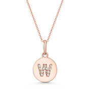 Initial Letter "W" Cubic Zirconia Crystal Round Disc Pendant in Solid 14k Rose Gold - BD-IP1-W-DiaCZ-14R
