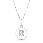 Initial Letter "B" Cubic Zirconia Crystal Round Disc Pendant in Solid 14k White Gold - BD-IP1-B-DiaCZ-14W