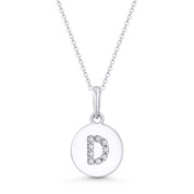 Initial Letter "D" Cubic Zirconia Crystal Round Disc Pendant in Solid 14k White Gold - BD-IP1-D-DiaCZ-14W