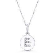Initial Letter "E" Cubic Zirconia Crystal Round Disc Pendant in Solid 14k White Gold - BD-IP1-E-DiaCZ-14W