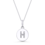 Initial Letter "H" Cubic Zirconia Crystal Round Disc Pendant in Solid 14k White Gold - BD-IP1-H-DiaCZ-14W