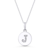 Initial Letter "J" Cubic Zirconia Crystal Round Disc Pendant in Solid 14k White Gold - BD-IP1-J-DiaCZ-14W