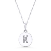 Initial Letter "K" Cubic Zirconia Crystal Round Disc Pendant in Solid 14k White Gold - BD-IP1-K-DiaCZ-14W