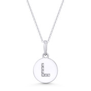 Initial Letter "L" Cubic Zirconia Crystal Round Disc Pendant in Solid 14k White Gold - BD-IP1-L-DiaCZ-14W