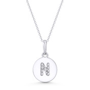 Initial Letter "N" Cubic Zirconia Crystal Round Disc Pendant in Solid 14k White Gold - BD-IP1-N-DiaCZ-14W