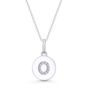 Initial Letter "O" Cubic Zirconia Crystal Round Disc Pendant in Solid 14k White Gold - BD-IP1-O-DiaCZ-14W
