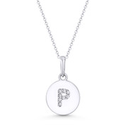 Initial Letter "P" Cubic Zirconia Crystal Round Disc Pendant in Solid 14k White Gold - BD-IP1-P-DiaCZ-14W
