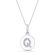 Initial Letter "Q" Cubic Zirconia Crystal Round Disc Pendant in Solid 14k White Gold - BD-IP1-Q-DiaCZ-14W