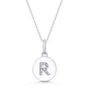 Initial Letter "R" Cubic Zirconia Crystal Round Disc Pendant in Solid 14k White Gold - BD-IP1-R-DiaCZ-14W