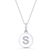 Initial Letter "S" Cubic Zirconia Crystal Round Disc Pendant in Solid 14k White Gold -  BD-IP1-S-DiaCZ-14W