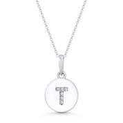 Initial Letter "T" Cubic Zirconia Crystal Round Disc Pendant in Solid 14k White Gold - BD-IP1-T-DiaCZ-14W