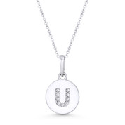 Initial Letter "U" Cubic Zirconia Crystal Round Disc Pendant in Solid 14k White Gold - BD-IP1-U-DiaCZ-14W