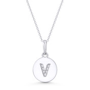 Initial Letter "V" Cubic Zirconia Crystal Round Disc Pendant in Solid 14k White Gold - BD-IP1-V-DiaCZ-14W