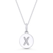 Initial Letter "X" Cubic Zirconia Crystal Round Disc Pendant in Solid 14k White Gold - BD-IP1-X-DiaCZ-14W