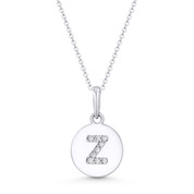 Initial Letter "Z" Cubic Zirconia Crystal Round Disc Pendant in Solid 14k White Gold - BD-IP1-Z-DiaCZ-14W