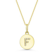 Initial Letter "F" Cubic Zirconia Crystal Round Disc Pendant in Solid 14k Yellow Gold - BD-IP1-F-DiaCZ-14Y
