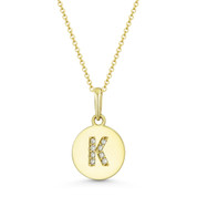 Initial Letter "K" Cubic Zirconia Crystal Round Disc Pendant in Solid 14k Yellow Gold - BD-IP1-K-DiaCZ-14Y