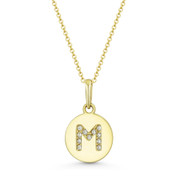 Initial Letter "M" Cubic Zirconia Crystal Round Disc Pendant in Solid 14k Yellow Gold - BD-IP1-M-DiaCZ-14Y