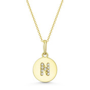 Initial Letter "N" Cubic Zirconia Crystal Round Disc Pendant in Solid 14k Yellow Gold - BD-IP1-N-DiaCZ-14Y