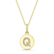 Initial Letter "Q" Cubic Zirconia Crystal Round Disc Pendant in Solid 14k Yellow Gold - BD-IP1-Q-DiaCZ-14Y