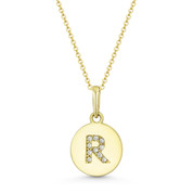 Initial Letter "R" Cubic Zirconia Crystal Round Disc Pendant in Solid 14k Yellow Gold - BD-IP1-R-DiaCZ-14Y