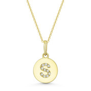 Initial Letter "S" Cubic Zirconia Crystal Round Disc Pendant in Solid 14k Yellow Gold - BD-IP1-S-DiaCZ-14Y