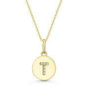 Initial Letter "T" Cubic Zirconia Crystal Round Disc Pendant in Solid 14k Yellow Gold - BD-IP1-T-DiaCZ-14Y