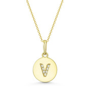 Initial Letter "V" Cubic Zirconia Crystal Round Disc Pendant in Solid 14k Yellow Gold - BD-IP1-V-DiaCZ-14Y