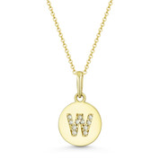 Initial Letter "W" Cubic Zirconia Crystal Round Disc Pendant in Solid 14k Yellow Gold - BD-IP1-W-DiaCZ-14Y