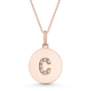 Initial Letter "C" Cubic Zirconia Crystal Round Disc Pendant in Solid 14k Rose Gold - BD-IP2-C-DiaCZ-14R