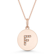 Initial Letter "F" Cubic Zirconia Crystal Round Disc Pendant in Solid 14k Rose Gold - BD-IP2-F-DiaCZ-14R