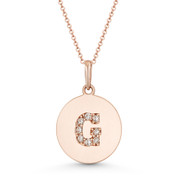 Initial Letter "G" Cubic Zirconia Crystal Round Disc Pendant in Solid 14k Rose Gold - BD-IP2-G-DiaCZ-14R
