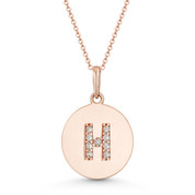 Initial Letter "H" Cubic Zirconia Crystal Round Disc Pendant in Solid 14k Rose Gold - BD-IP2-H-DiaCZ-14R