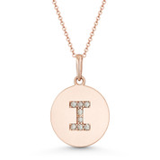 Initial Letter "I" Cubic Zirconia Crystal Round Disc Pendant in Solid 14k Rose Gold - BD-IP2-I-DiaCZ-14R