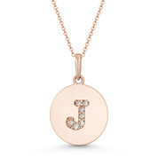 Initial Letter "J" Cubic Zirconia Crystal Round Disc Pendant in Solid 14k Rose Gold - BD-IP2-J-DiaCZ-14R