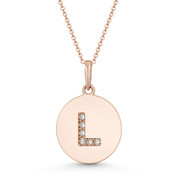 Initial Letter "L" Cubic Zirconia Crystal Round Disc Pendant in Solid 14k Rose Gold - BD-IP2-L-DiaCZ-14R