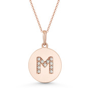 Initial Letter "M" Cubic Zirconia Crystal Round Disc Pendant in Solid 14k Rose Gold - BD-IP2-M-DiaCZ-14R