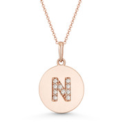 Initial Letter "N" Cubic Zirconia Crystal Round Disc Pendant in Solid 14k Rose Gold - BD-IP2-N-DiaCZ-14R