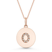 Initial Letter "O" Cubic Zirconia Crystal Round Disc Pendant in Solid 14k Rose Gold - BD-IP2-O-DiaCZ-14R