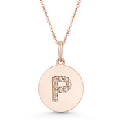 Initial Letter "P" Cubic Zirconia Crystal Round Disc Pendant in Solid 14k Rose Gold - BD-IP2-P-DiaCZ-14R