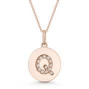 Initial Letter "Q" Cubic Zirconia Crystal Round Disc Pendant in Solid 14k Rose Gold - BD-IP2-Q-DiaCZ-14R